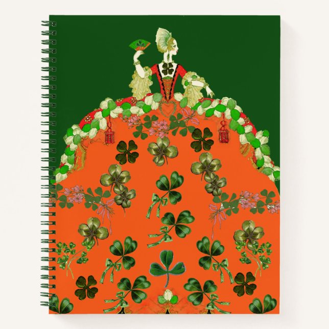 LADY ORANGE,SHAMROCKS St. Patricks Day Green Notebook (Front)