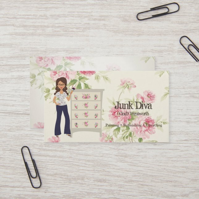 Lady Paintbrush Flower Dresser Roses Shabby Business Card (Front/Back In Situ)