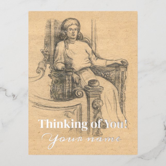 Lady pencil graphics on craft foil holiday postcard (Front)