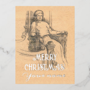 Lady pencil graphics on craft foil holiday postcard