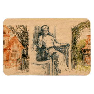 Lady pencil graphics on craft magnet