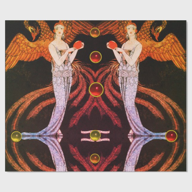 LADY PHOENIX ART DECO BEAUTY FASHION Orange Black Wrapping Paper (Flat)
