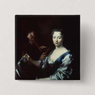 Lady playing a spinet and a flautist 15 cm square badge