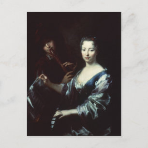Lady playing a spinet and a flautist postcard