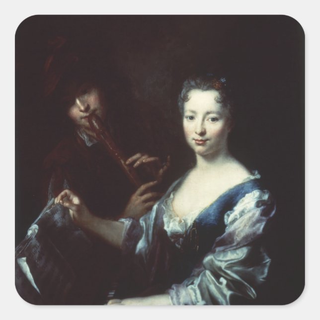 Lady playing a spinet and a flautist square sticker (Front)