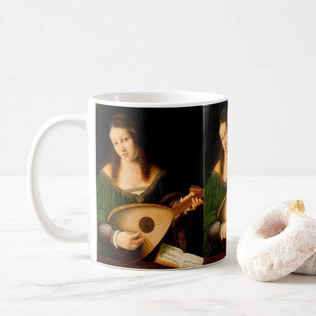 Lady Playing Lute Fine Art Renaissance Painting Coffee Mug (With Donut)