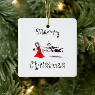 Lady Pulling Husband Funny Wedding Ceramic Ornament