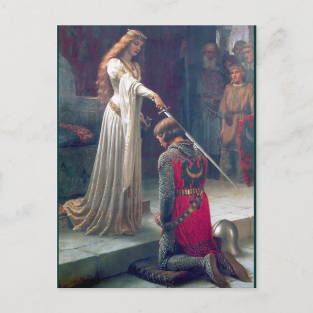 Lady queen knighting knight antique painting postcard (Front)