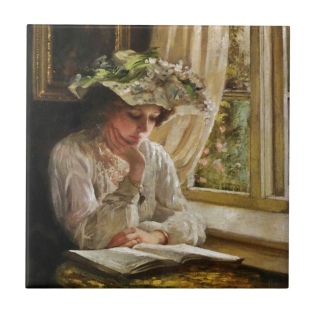 Lady Reading by Window Ceramic Tile (Front)