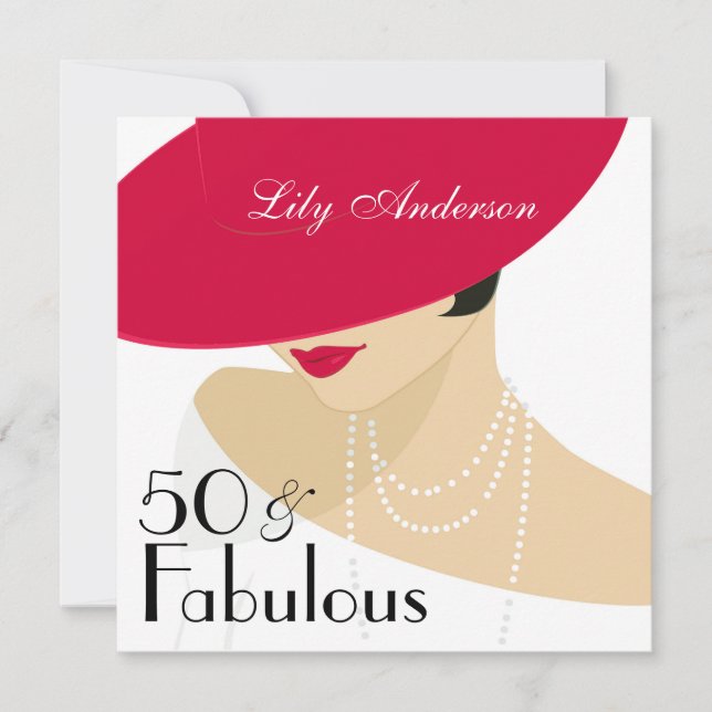 Lady Red hat elegant pearls 50 & Fabulous Invitation (Front)