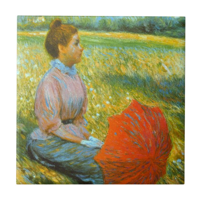Lady Resting in a Green Meadow Ceramic Tile (Front)