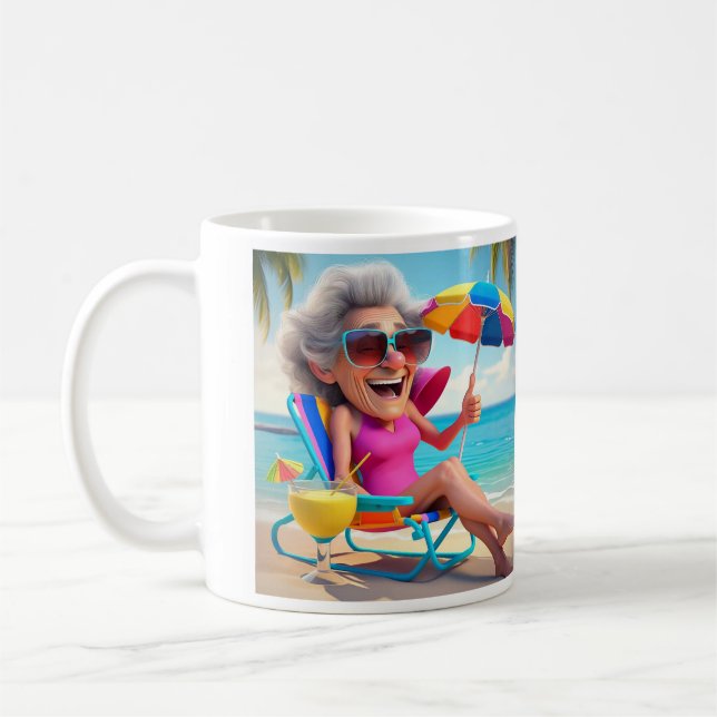 " LADY RETIRED AT THE BEACH " COFFEE MUG (Left)
