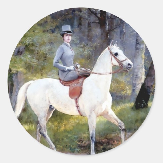 Lady Riding White Horse Painting Classic Round Sticker (Front)