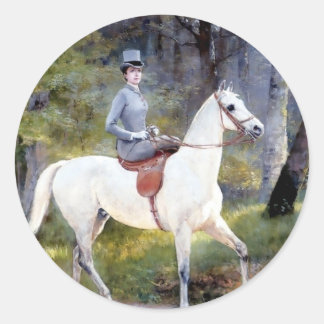 Lady Riding White Horse Painting Classic Round Sticker