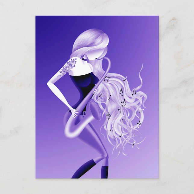 Lady Saxophonist Blue Postcard (Front)