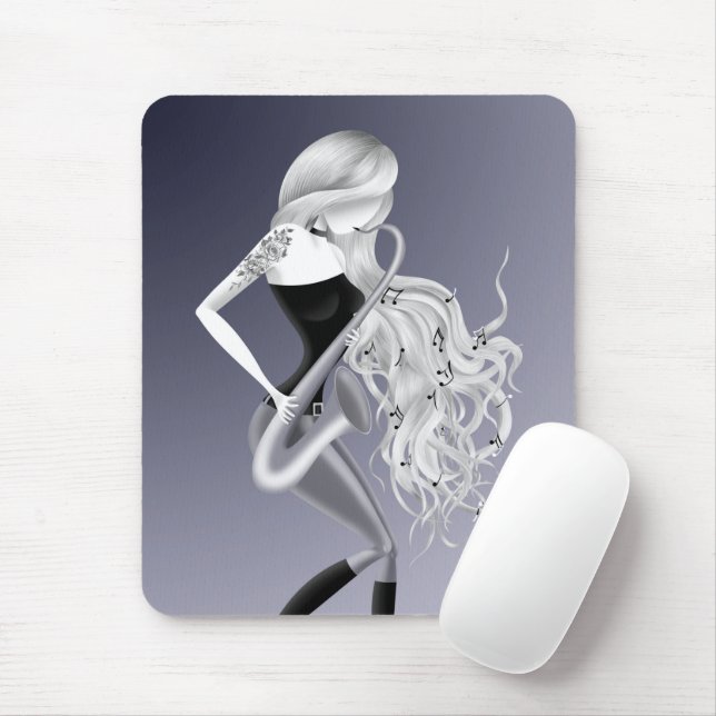 Lady Saxophonist Monochrome Grey Mouse Mat (With Mouse)