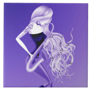 Lady Saxophonist Musician Blue monochrome Ceramic Tile