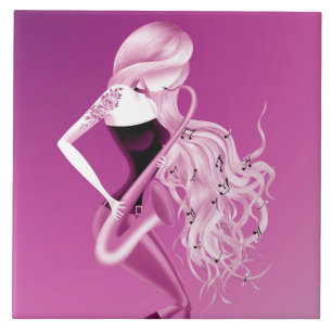 Lady Saxophonist Musician  Pink monochrome Ceramic Tile