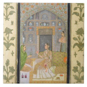 Lady seated in a Pavilion with attendants, from th Ceramic Tile