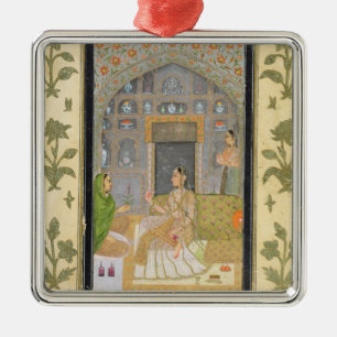 Lady seated in a Pavilion with attendants, from th Metal Ornament