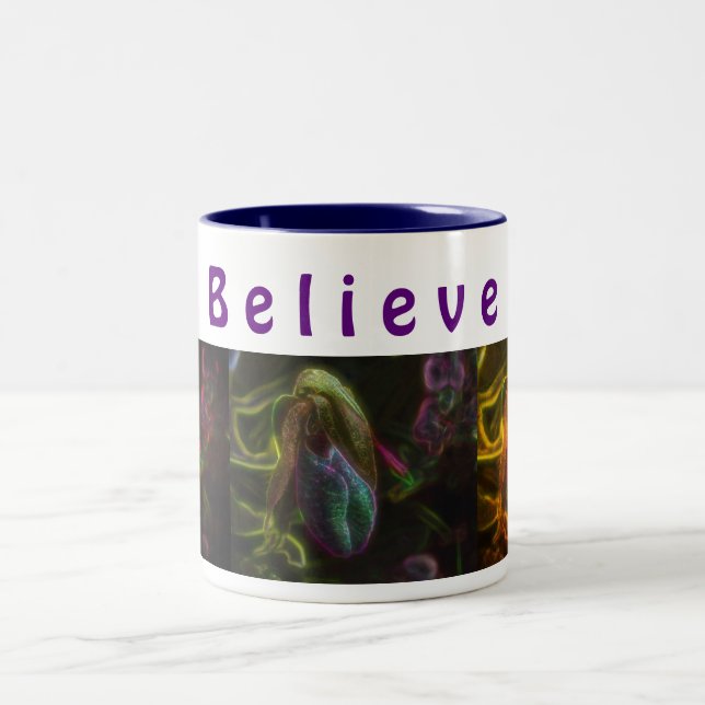 Lady Slipper Flower Believe Inspirational Two-Tone Coffee Mug (Center)