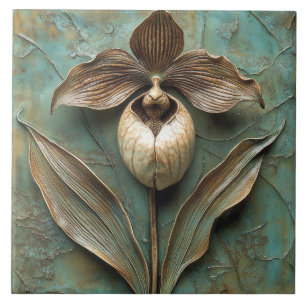 Lady Slipper Orchid Faux Relief Flower Ceramic Tile