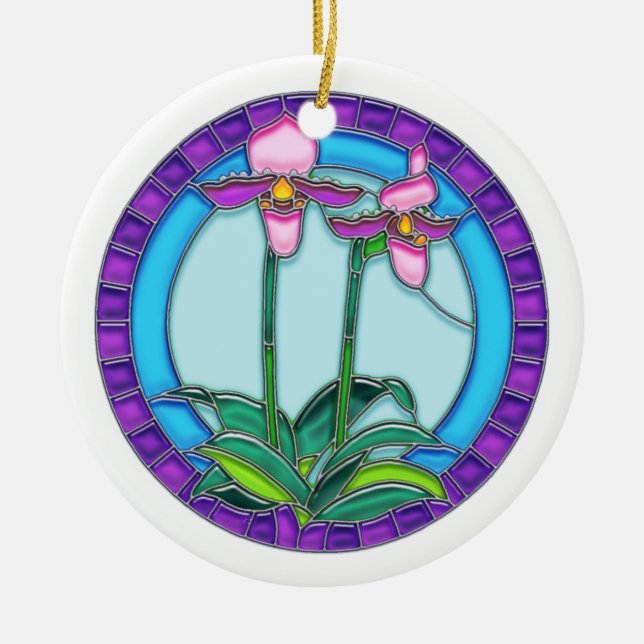 Lady Slipper Orchids in Circular Stained Glass Ceramic Tree Decoration (Front)