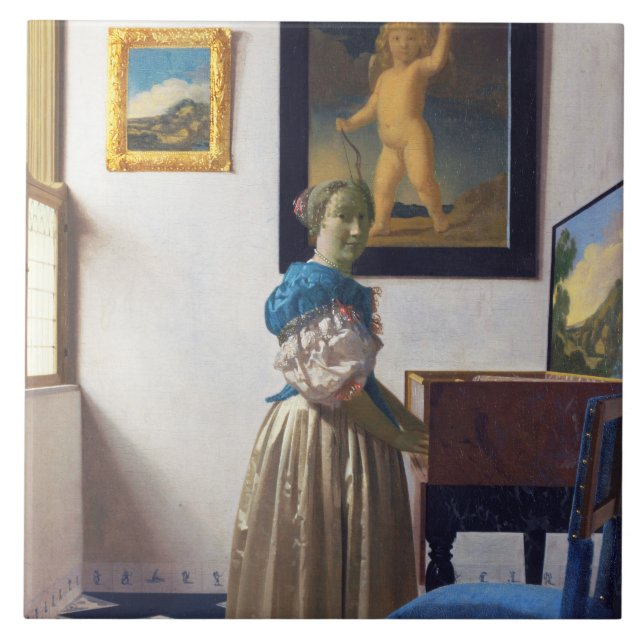 Lady Standing at a Virginal, Johannes Vermeer Ceramic Tile (Front)