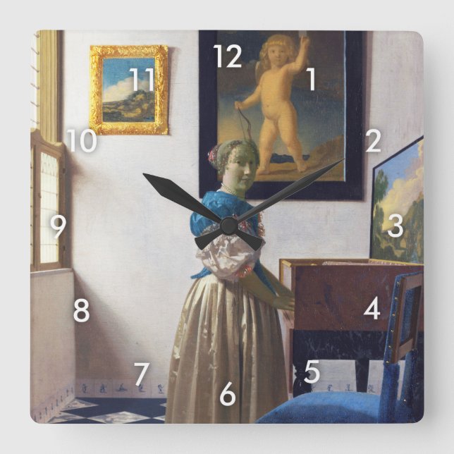 Lady Standing at a Virginal, Johannes Vermeer Square Wall Clock (Front)