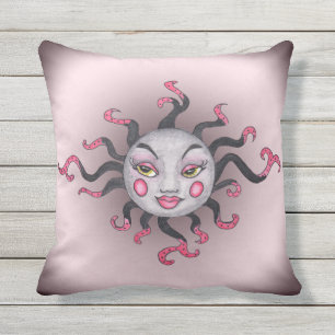 Lady Sun Face Pink Cheeks Black Pink Scroll Rays Cushion