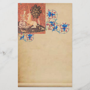 LADY,UNICORN, Animals Antique Floral Parchment Stationery