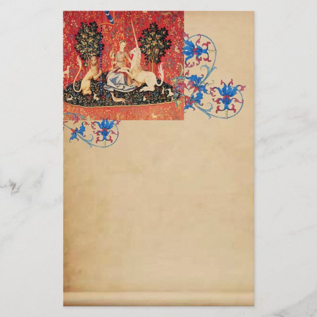 LADY,UNICORN,Lion,Animals Antique Floral Parchment Stationery (Front)