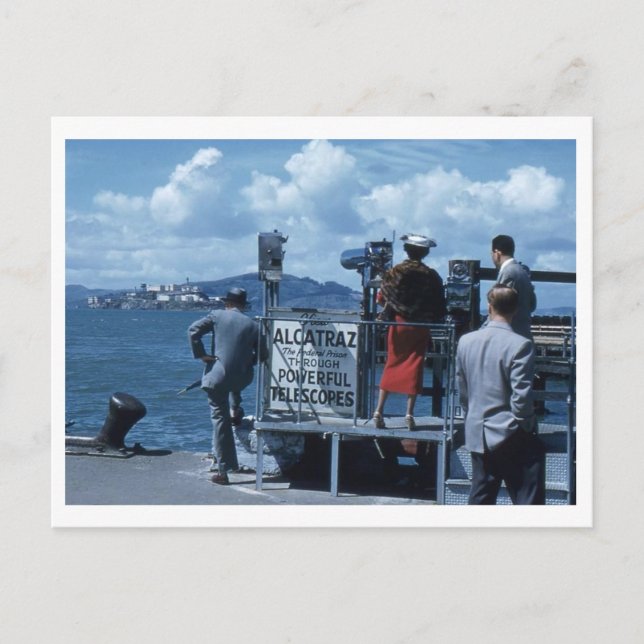 Lady Views Alcatraz Thru Telescope 1950s Retro Postcard (Front)