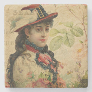 Lady Vintage Postcard Stone Coaster