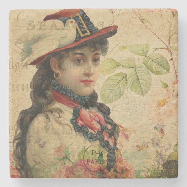 Lady Vintage Postcard Stone Coaster (Front)
