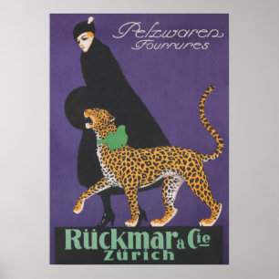 Lady Walking a Leopard Vintage Fashion Poster