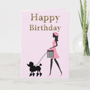 Lady walking black poodle Happy birthday Holiday Card