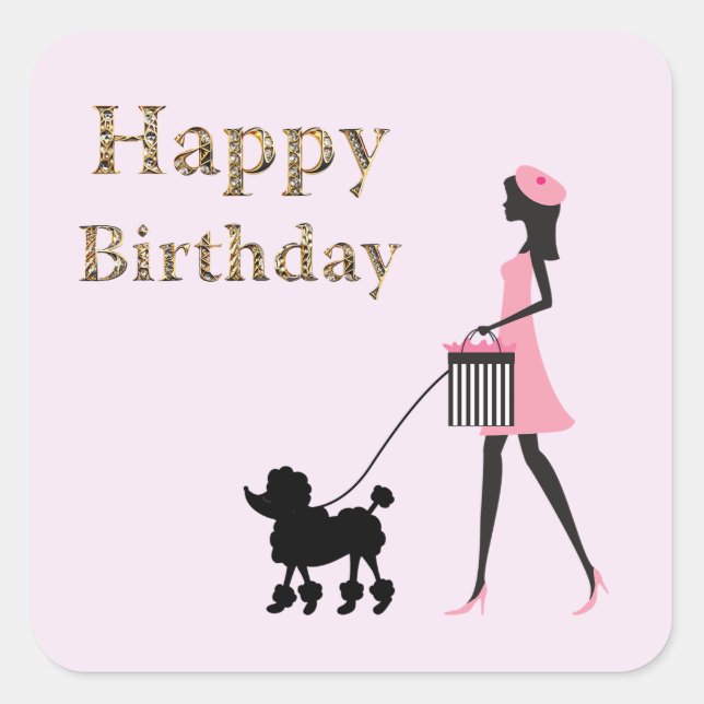 Lady walking black poodle Happy birthday Square Sticker (Front)