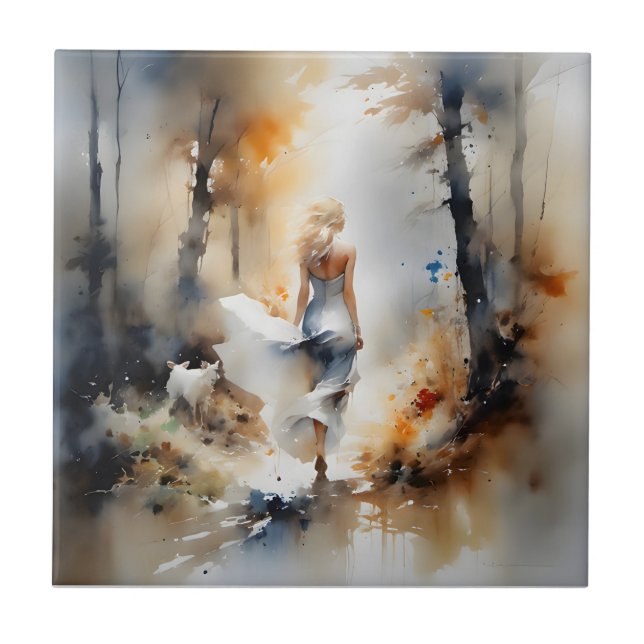 Lady Walking Through A Forest Ceramic Tile (Front)