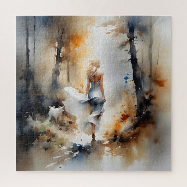 Lady Walking Through A Forest Jigsaw Puzzle (Vertical)