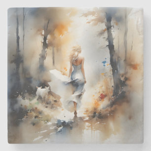 Lady Walking Through A Forest Stone Coaster