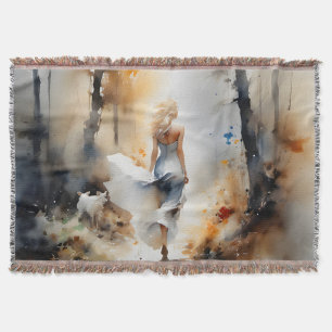 Lady Walking Through A Forest Throw Blanket