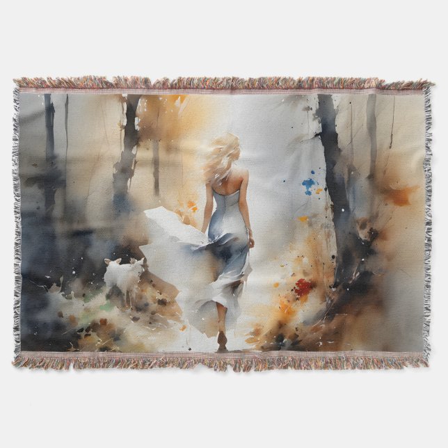 Lady Walking Through A Forest Throw Blanket (Front)