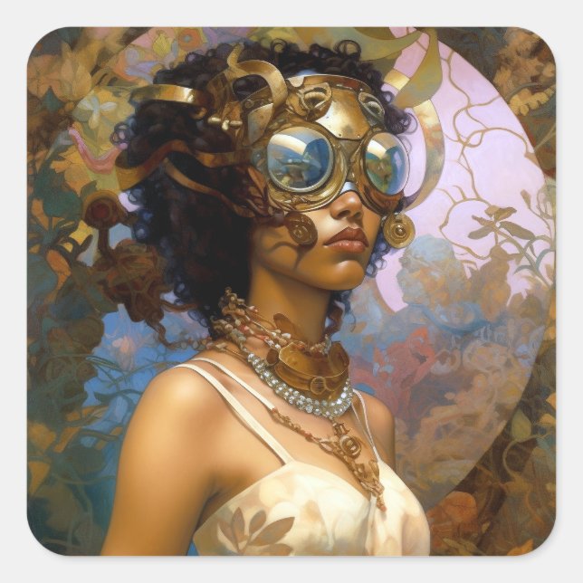 Lady Wearing Goggles Black Fantasy Sci-Fi  Square Sticker (Front)