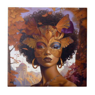 Lady Wearing Mask Black Fantasy Art Ceramic Tile