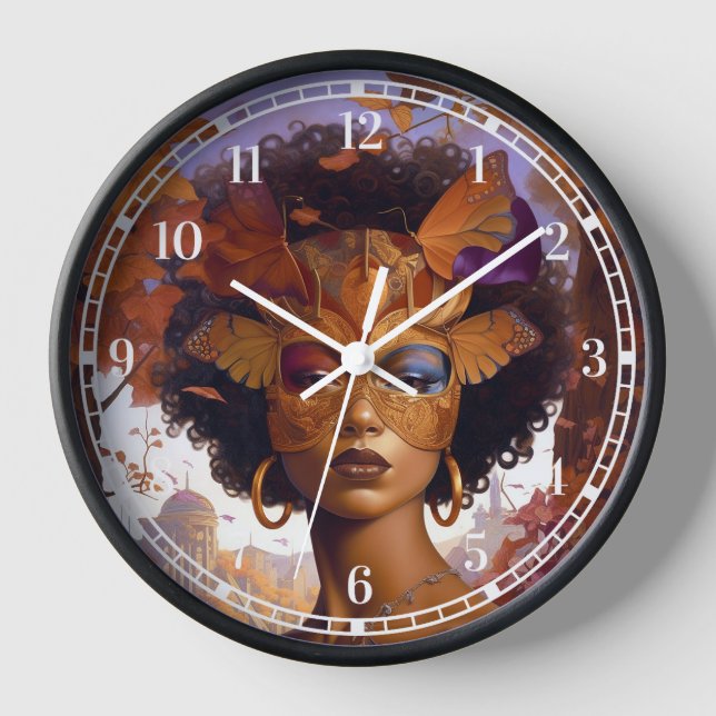 Lady Wearing Mask Black Fantasy Art Clock (Front)