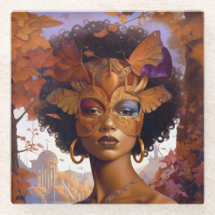 Lady Wearing Mask Black Fantasy Art Glass Coaster