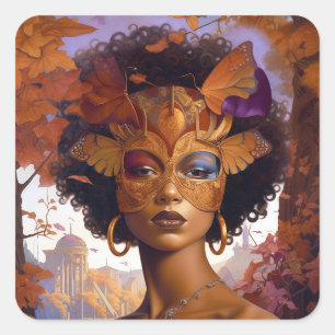 Lady Wearing Mask Black Fantasy Art Square Sticker