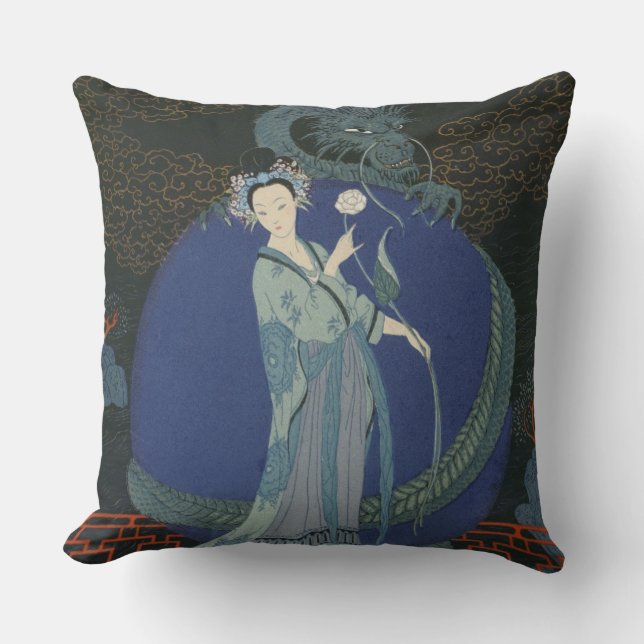 Lady with a Dragon (colour litho) Cushion (Front)