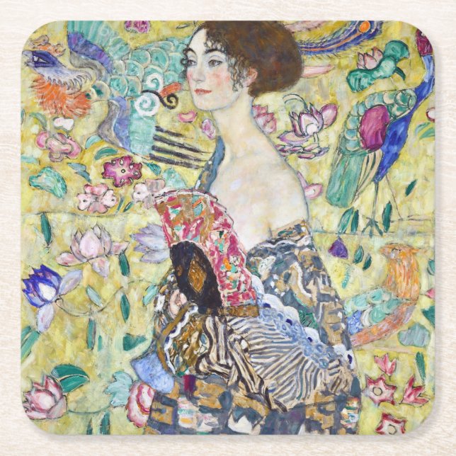 Lady with A Fan, Gustav Klimt Square Paper Coaster (Front)